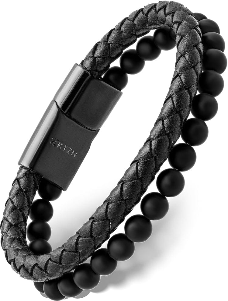 Black Braided Leather & Black Onyx Bead Bracelet RTZN