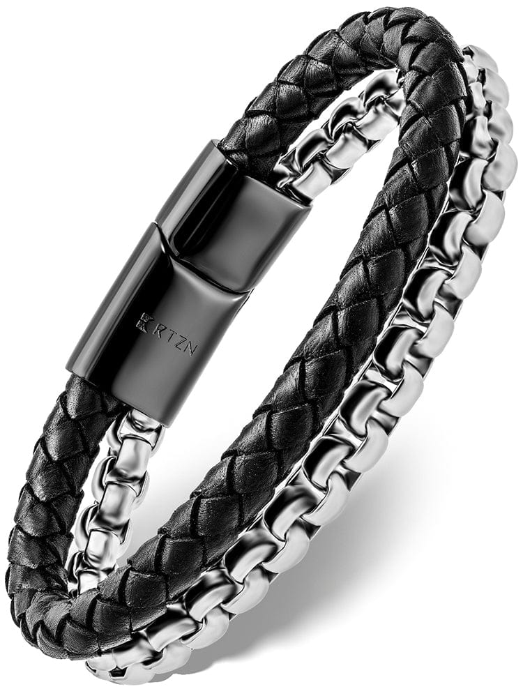 Black Leather & Silver Box Chain Bracelet RTZN
