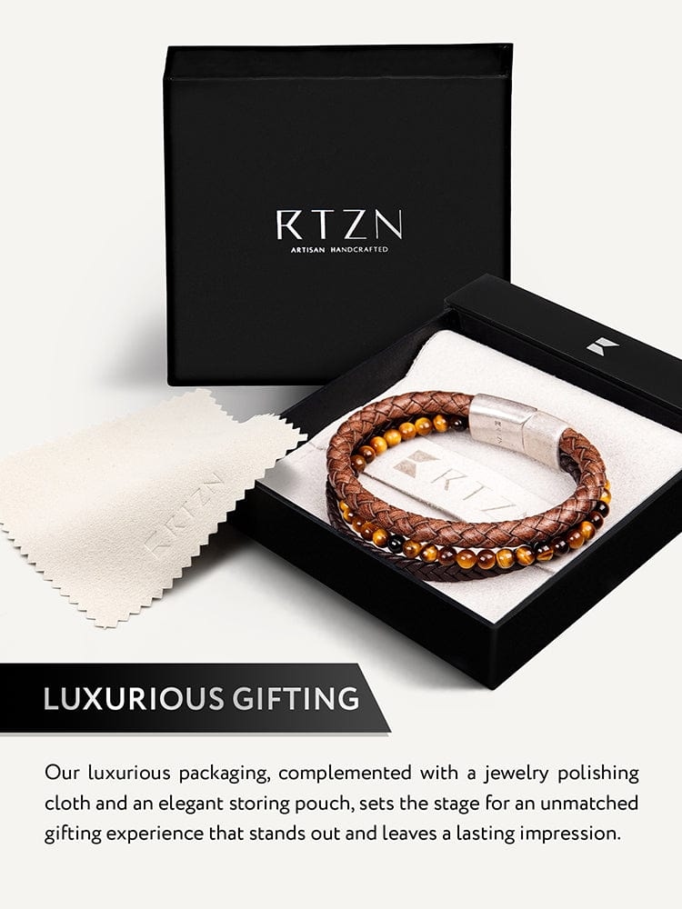 Stacked Brown Leather & Tiger Eye Bead Bracelet RTZN
