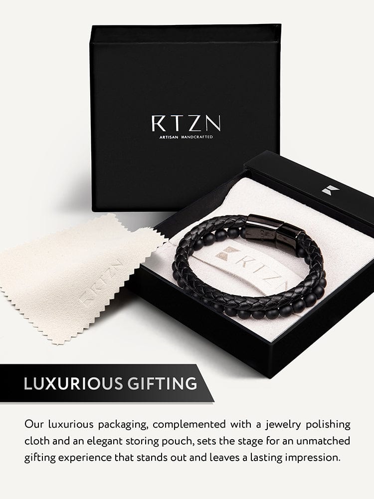 Black Braided Leather & Black Onyx Bead Bracelet RTZN