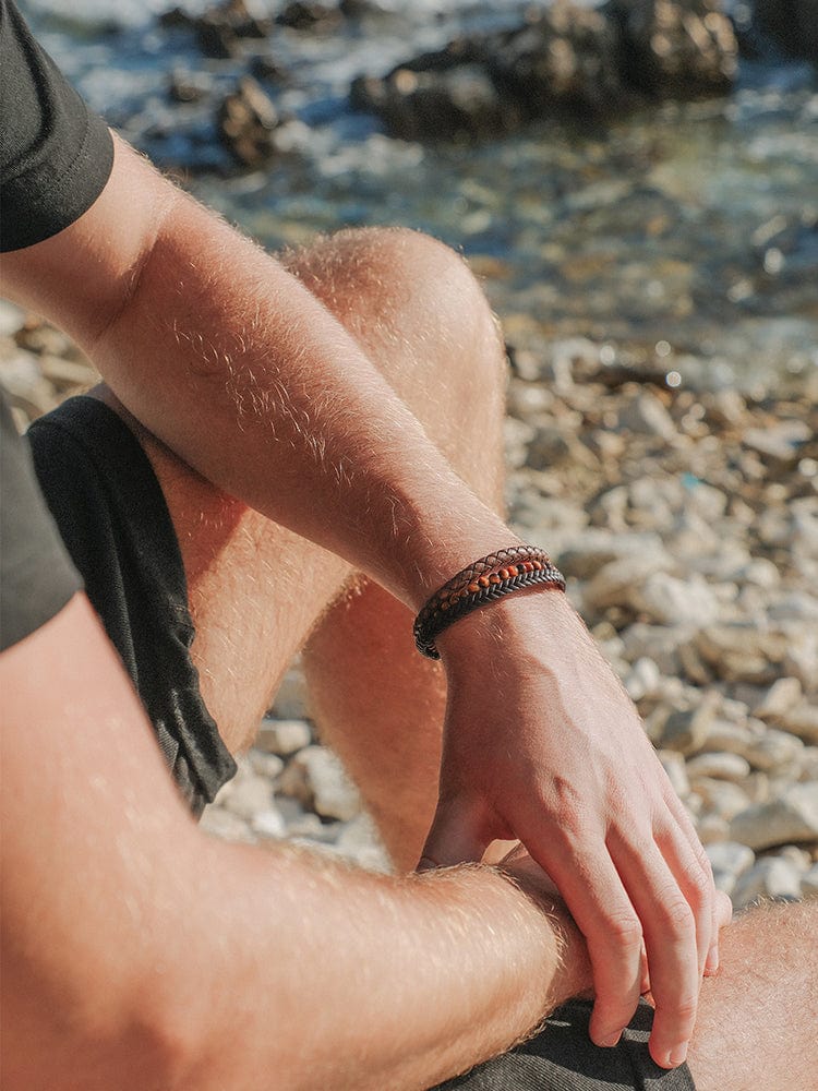 Stacked Brown Leather & Tiger Eye Bead Bracelet RTZN