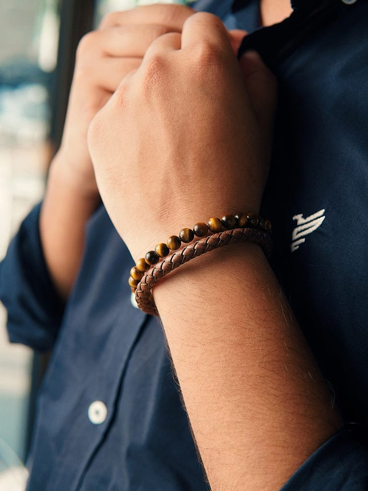 Brown Braided Leather & Tiger Eye Bead Bracelet RTZN