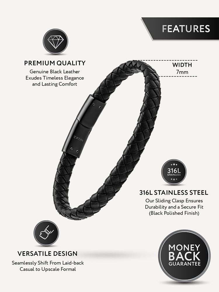 7mm Black Braided Leather Bracelet RTZN