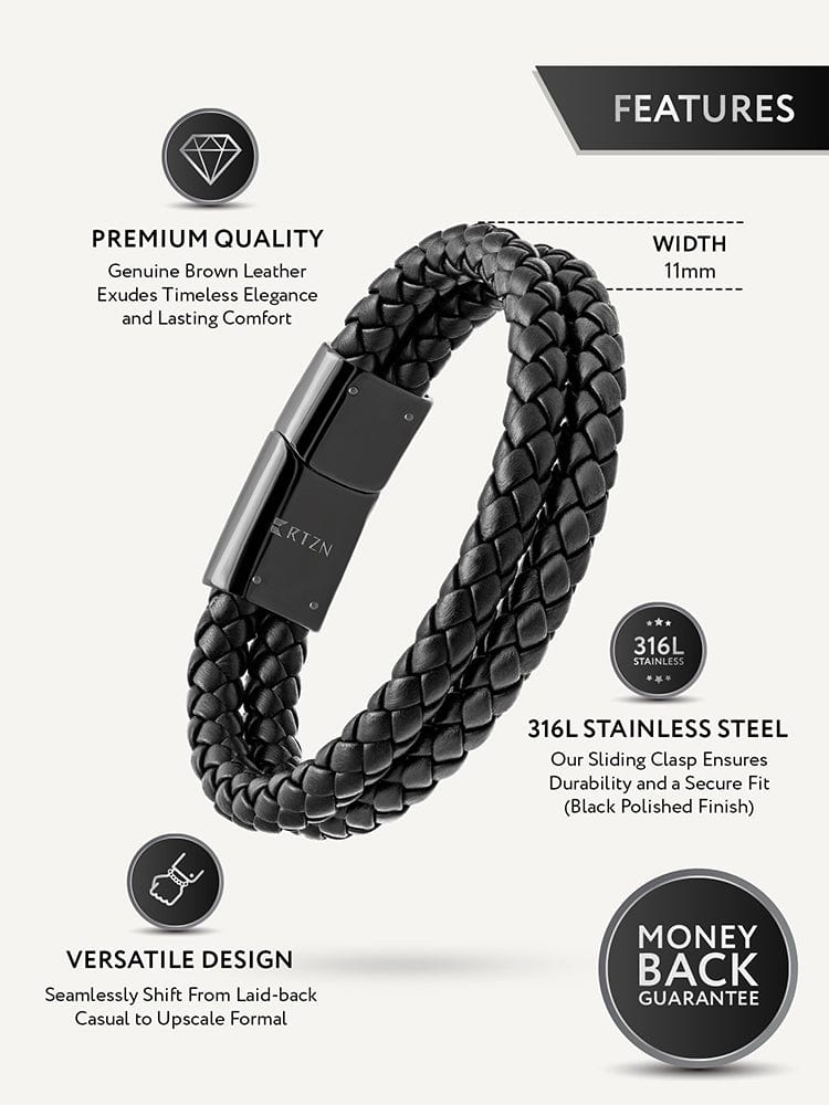 Double Black Braided Leather Bracelet RTZN