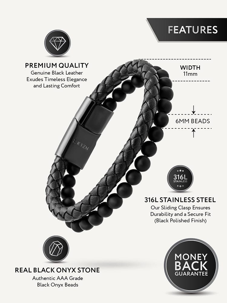Black Braided Leather & Black Onyx Bead Bracelet RTZN