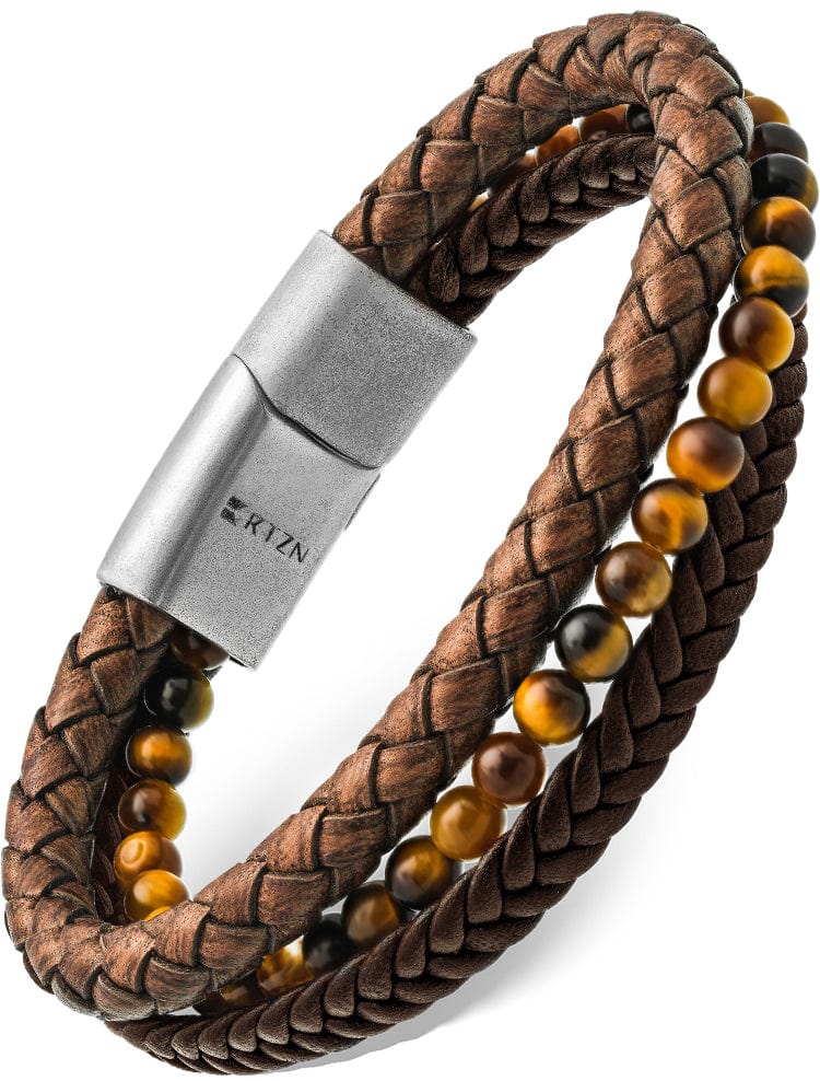 Stacked Brown Leather & Tiger Eye Bead Bracelet RTZN