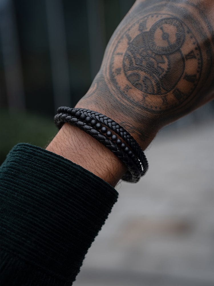 Stacked Black Leather & Black Onyx Bead Bracelet RTZN
