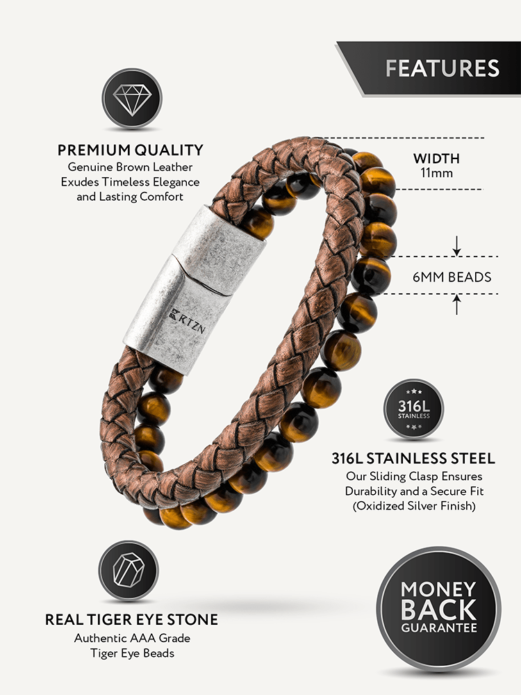 Brown Braided Leather & Tiger Eye Bead Bracelet RTZN