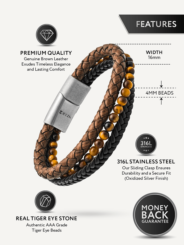 Stacked Brown Leather & Tiger Eye Bead Bracelet RTZN
