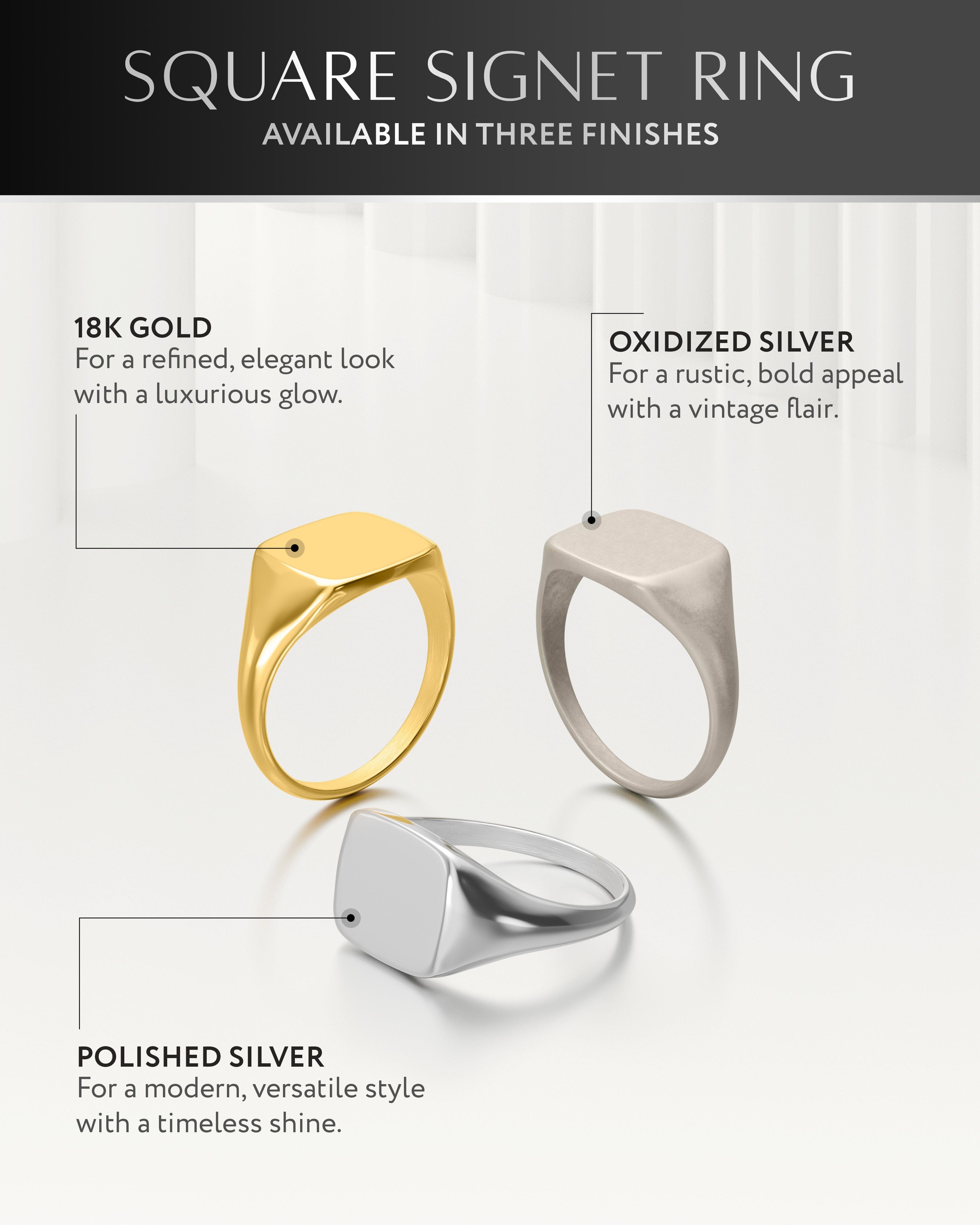 Silver Square Signet Rings (Polished) RTZN