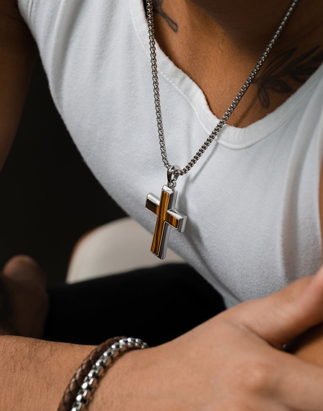 Tiger Eye Necklace. 304 Surgical Stainless online Steel Chain. Raw cut Tiger Eye slab pendant.