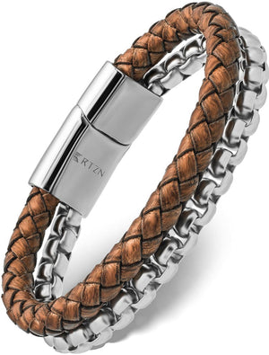 Brown Leather & Silver Box Chain Bracelet