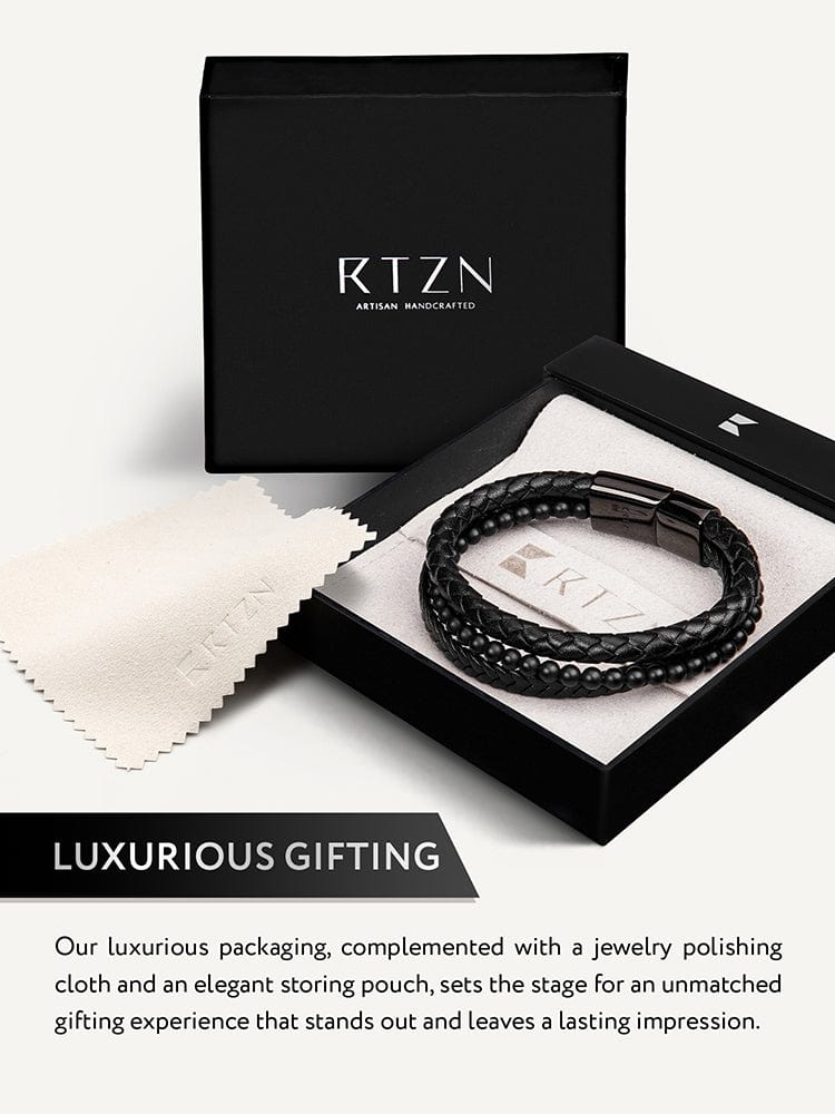 Stacked Black Leather & Black Onyx Bead Bracelet RTZN