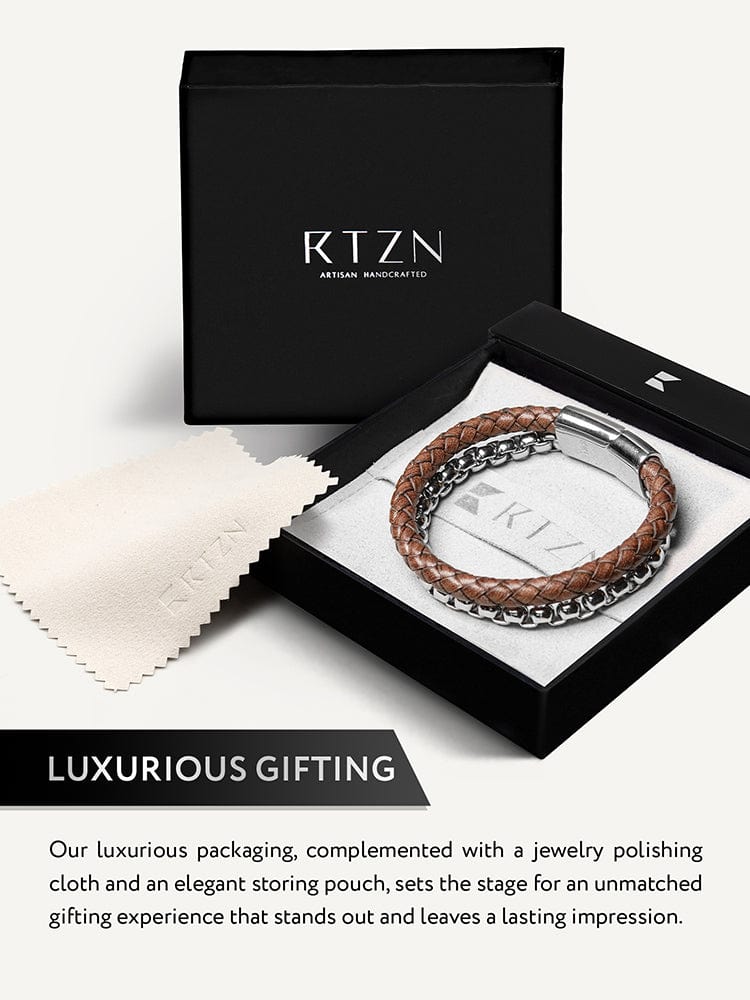 Brown Leather & Silver Box Chain Bracelet RTZN