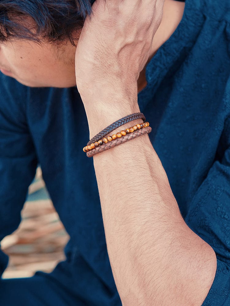 Stacked Brown Leather & Tiger Eye Bead Bracelet RTZN