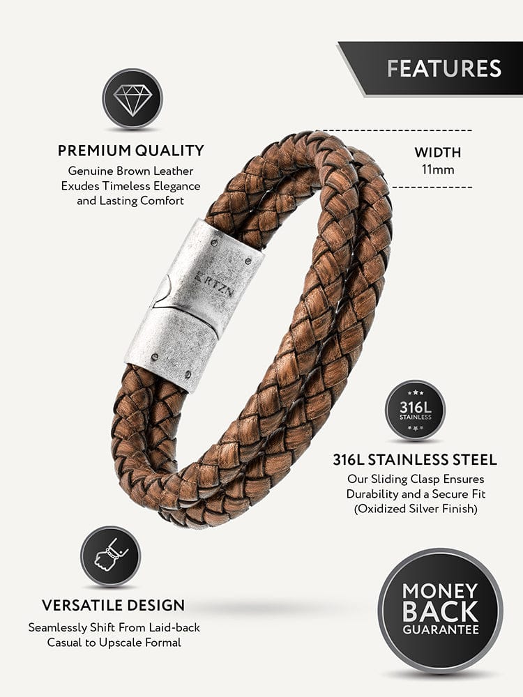 Double Brown Braided Leather Bracelet RTZN