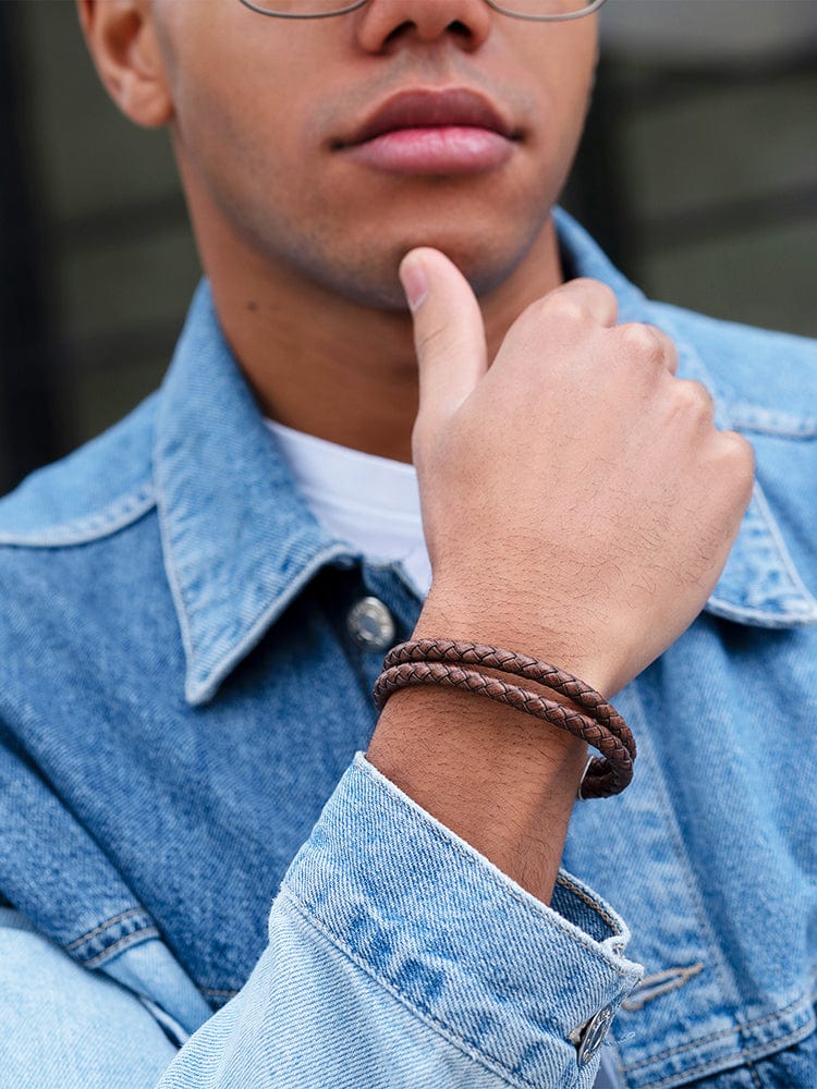 Double Brown Braided Leather Bracelet RTZN