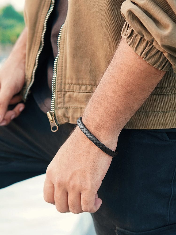 7mm Black Braided Leather Bracelet RTZN