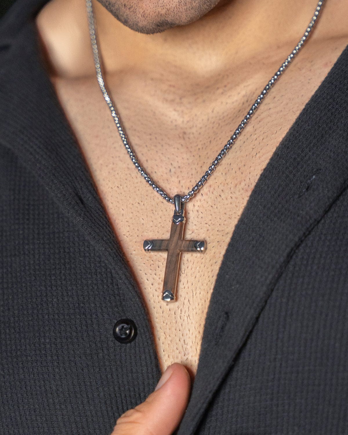 Ebony Wood Cross Pendant Silver | Men's Cross Necklace